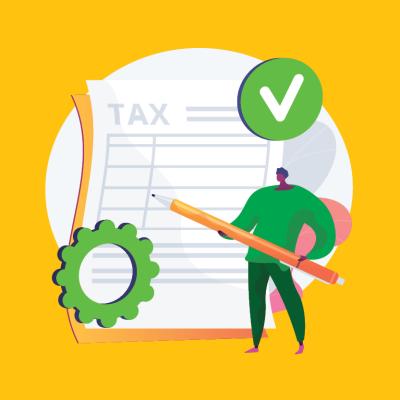 Illustration of a person holding a pen up to a tax document