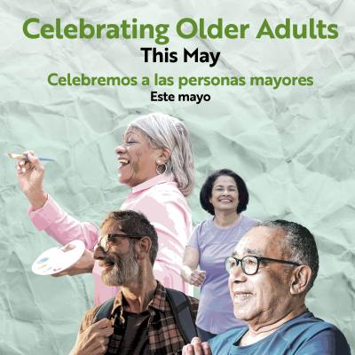 Collage image of four older adults smiling and doing activities. 