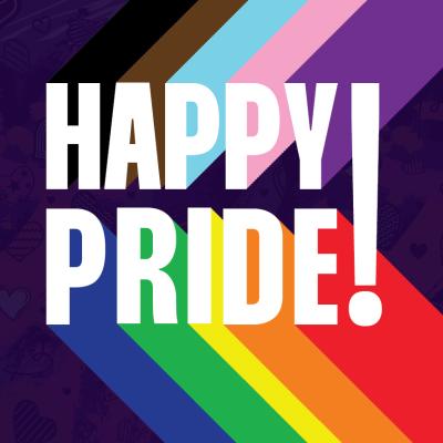 Progress Pride flag patterns with "Happy Pride!" in white bold text overlaying. 