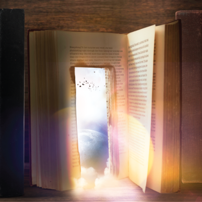 Open book with doorway opening inside of it with sunlight. 