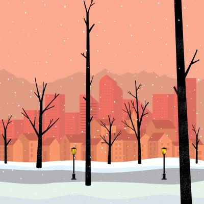 A digital image of a park with white snow on the ground and tall leafless trees. There is a skyline and mountain range in the distance of the image.