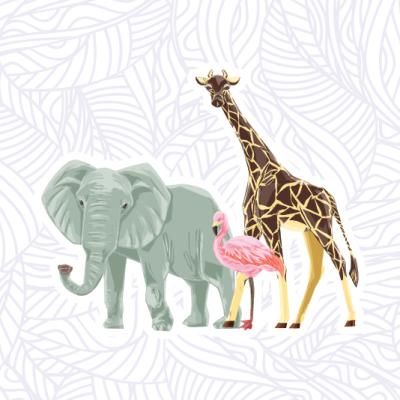 Illustration of elephan, flamingo and giraffe. 