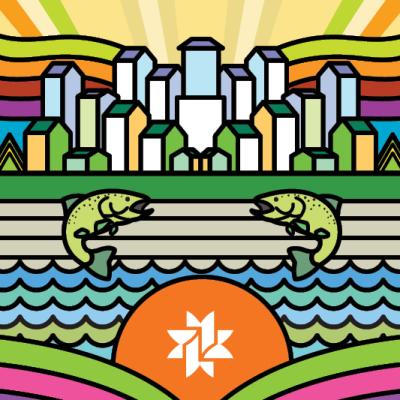 An illustration of a river, fish and a city skyline before sunset with vibrant, colorful rays beaming.