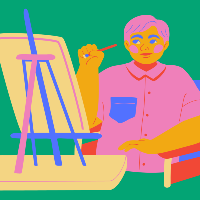 Colorful illustration of a person painting at an easel. The artist wears a pink shirt with a blue pocket and holds a brush poised over a blank canvas, set against a green background with bright, bold colors in a flat graphic style.