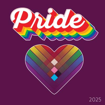 Pride 2025 graphic with stylized rainbow text and a heart in Progress Pride colors on a purple background.