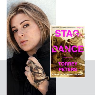 Portrait of author Torrey Peters wearing a black coat and gazing at the camera, with the cover of her book Stag & Dance: A Novel & Stories overlaid on the right. The book cover features two stags mid-battle, one wearing a pink bow, with the title in bold pink lettering. 