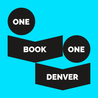 Graphic logo for "One Book One Denver" featuring bold black shapes resembling open books with the words “ONE,” “BOOK,” “ONE,” and “DENVER” in white capital letters, arranged over a bright cyan background.