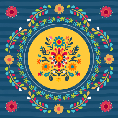 A colorful graphic with patterns and flowers