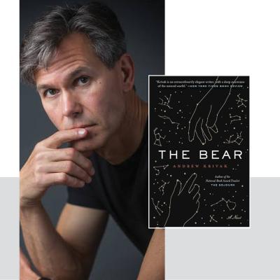 headshot of man with a book titled The Bear next to him