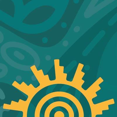 Abstract teal patterned background with a yellow stylized sun/gear symbol and concentric circles at the bottom