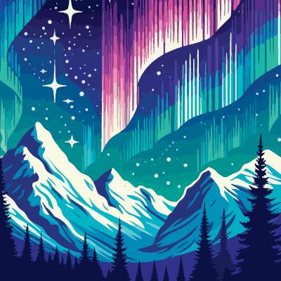 Stylized night illustration of snowcapped mountains and dark pine trees under a starry sky, with a sweeping aurora borealis in teal, blue, purple, and pink streaks.