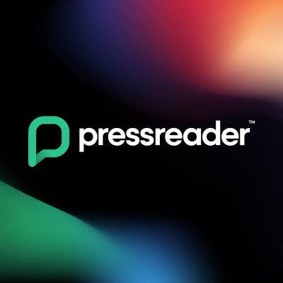 PressReader logo on a dark background with colorful gradient lighting in green, blue, red, and orange tones