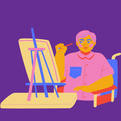 illustrated figure sits painting at easel