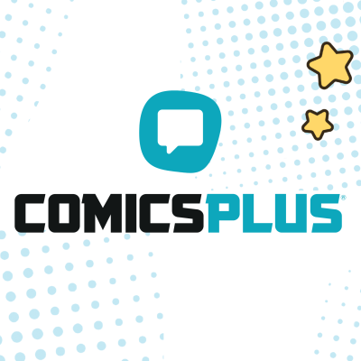 Comics Plus logo on dotted background with two yellow stars