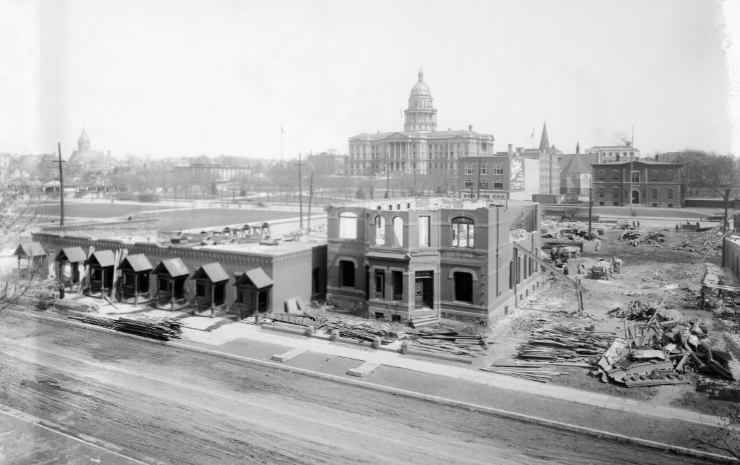 Razing of terraces and apartment buildings for Civic Center expansion, between 1916 and 1918. Denver Public Library Special Collections, GB-7494